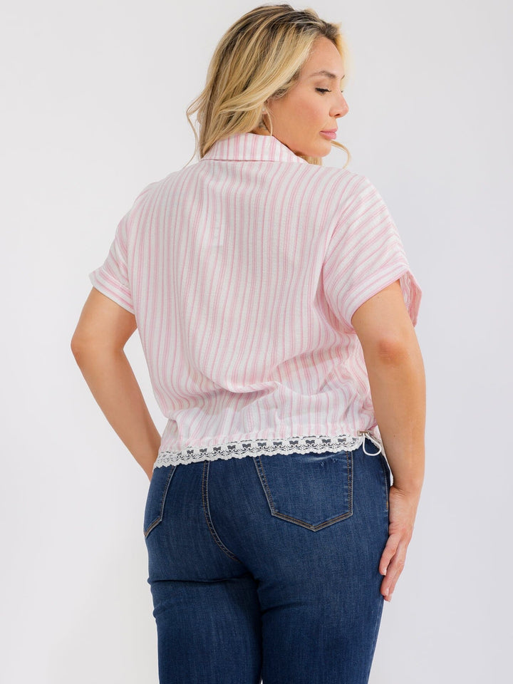 PLUS SIZE SHORT SLEEVE BUTTON UP COLLAR LACE BOTTOM HEM COLORBLOCK STRIPES BLOUSE