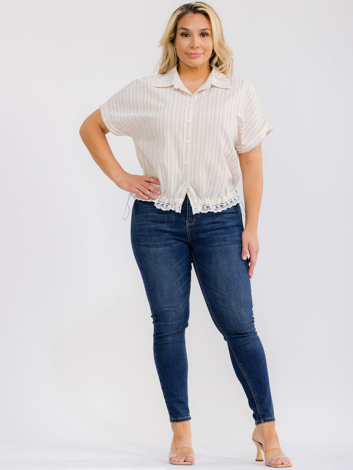 PLUS SIZE SHORT SLEEVE BUTTON UP COLLAR LACE BOTTOM HEM COLORBLOCK STRIPES BLOUSE