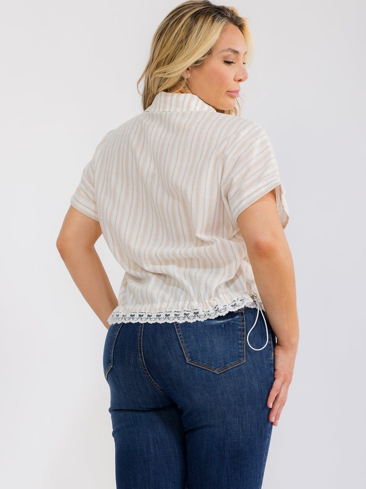 PLUS SIZE SHORT SLEEVE BUTTON UP COLLAR LACE BOTTOM HEM COLORBLOCK STRIPES BLOUSE