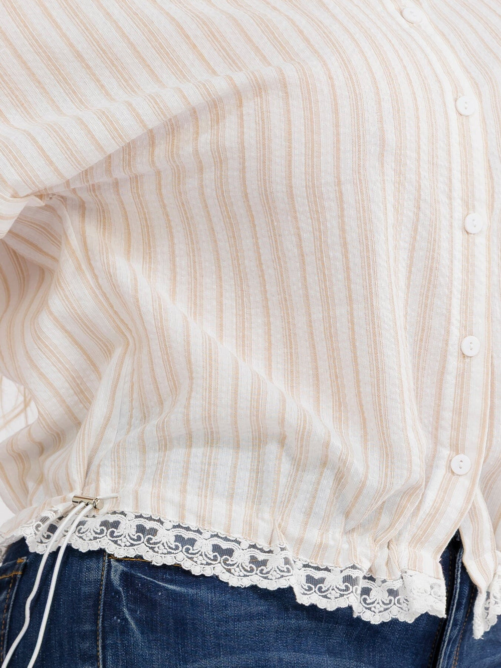 PLUS SIZE SHORT SLEEVE BUTTON UP COLLAR LACE BOTTOM HEM COLORBLOCK STRIPES BLOUSE