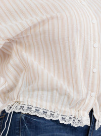 PLUS SIZE SHORT SLEEVE BUTTON UP COLLAR LACE BOTTOM HEM COLORBLOCK STRIPES BLOUSE
