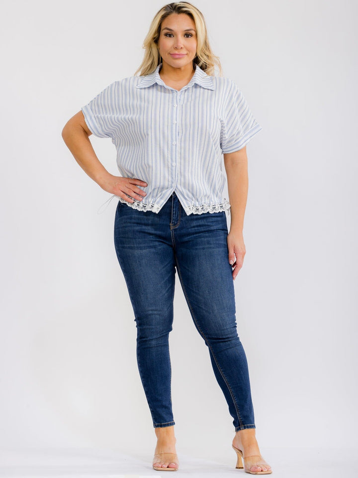PLUS SIZE SHORT SLEEVE BUTTON UP COLLAR LACE BOTTOM HEM COLORBLOCK STRIPES BLOUSE