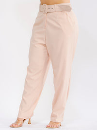 PLUS SIZE BUTTON CLOSURE POCKETS BELTED STRAIGHT LEG SOLID PANTS