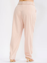 PLUS SIZE BUTTON CLOSURE POCKETS BELTED STRAIGHT LEG SOLID PANTS