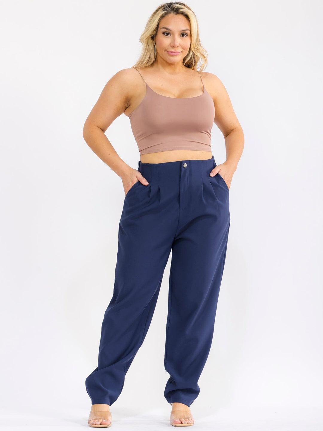 PLUS SIZE BUTTON CLOSURE ELASTIC WAISTBAND POCKETS STRAIGHT LEG SOLID PANTS