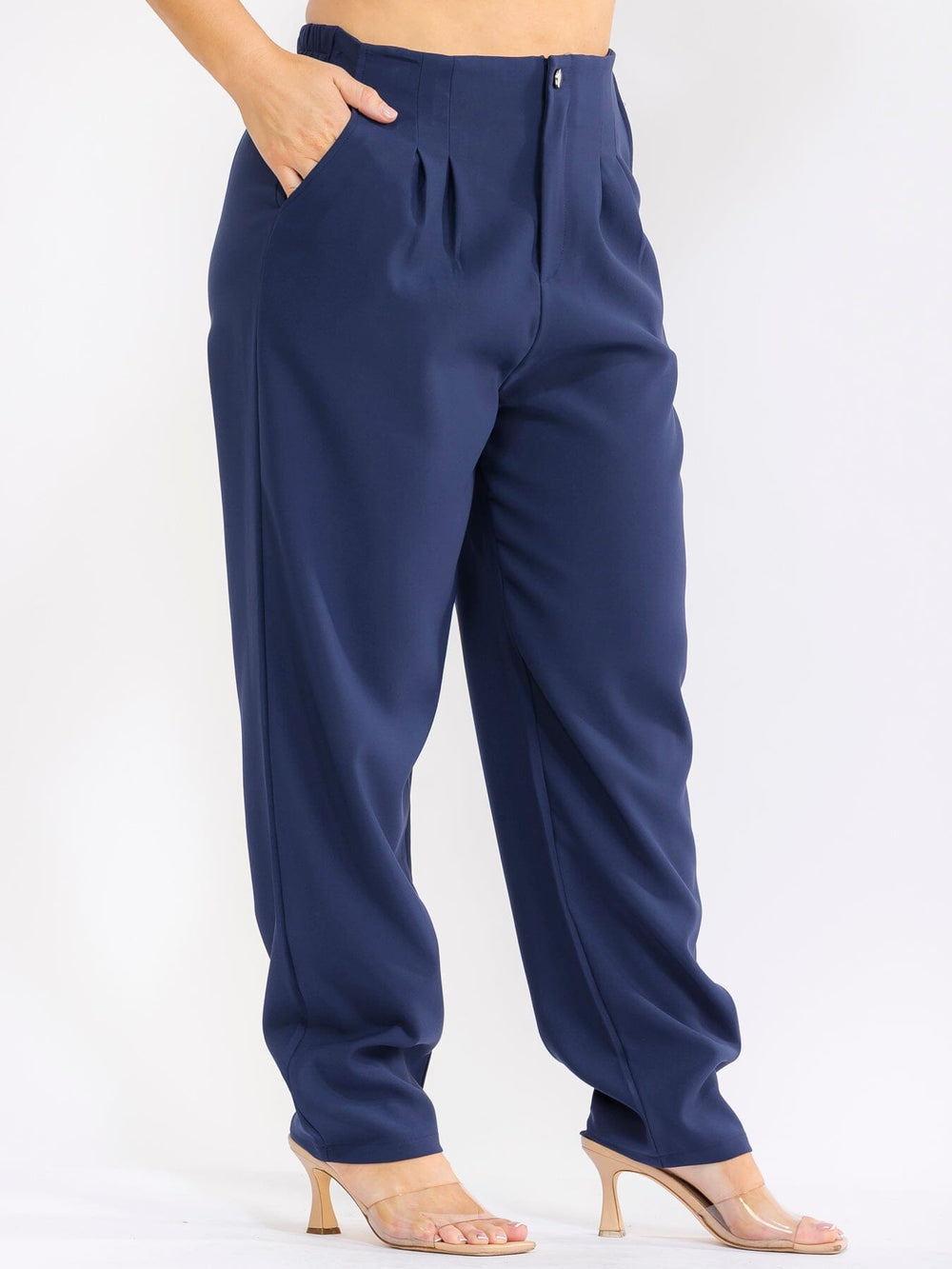 PLUS SIZE BUTTON CLOSURE ELASTIC WAISTBAND POCKETS STRAIGHT LEG SOLID PANTS