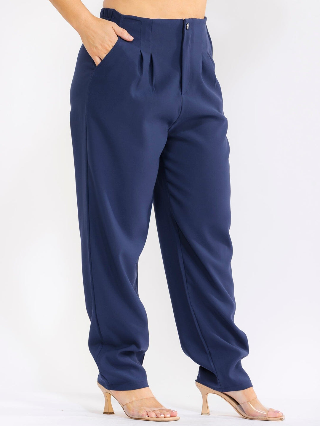 PLUS SIZE BUTTON CLOSURE ELASTIC WAISTBAND POCKETS STRAIGHT LEG SOLID PANTS