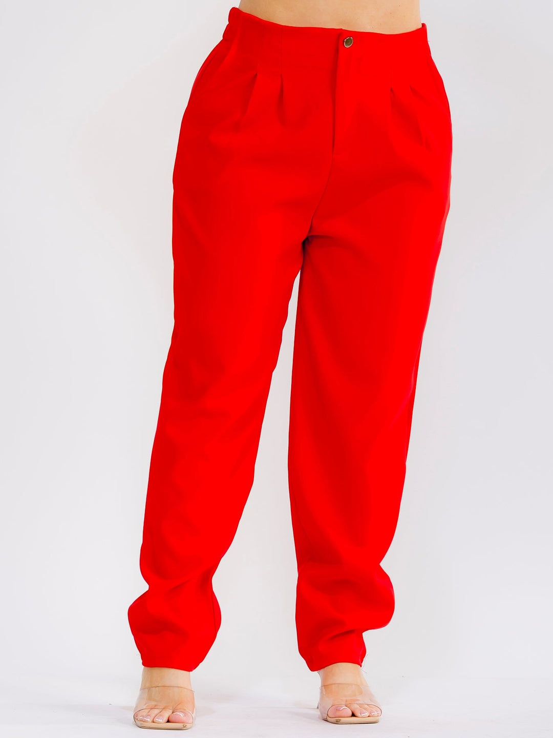 PLUS SIZE BUTTON CLOSURE ELASTIC WAISTBAND POCKETS STRAIGHT LEG SOLID PANTS