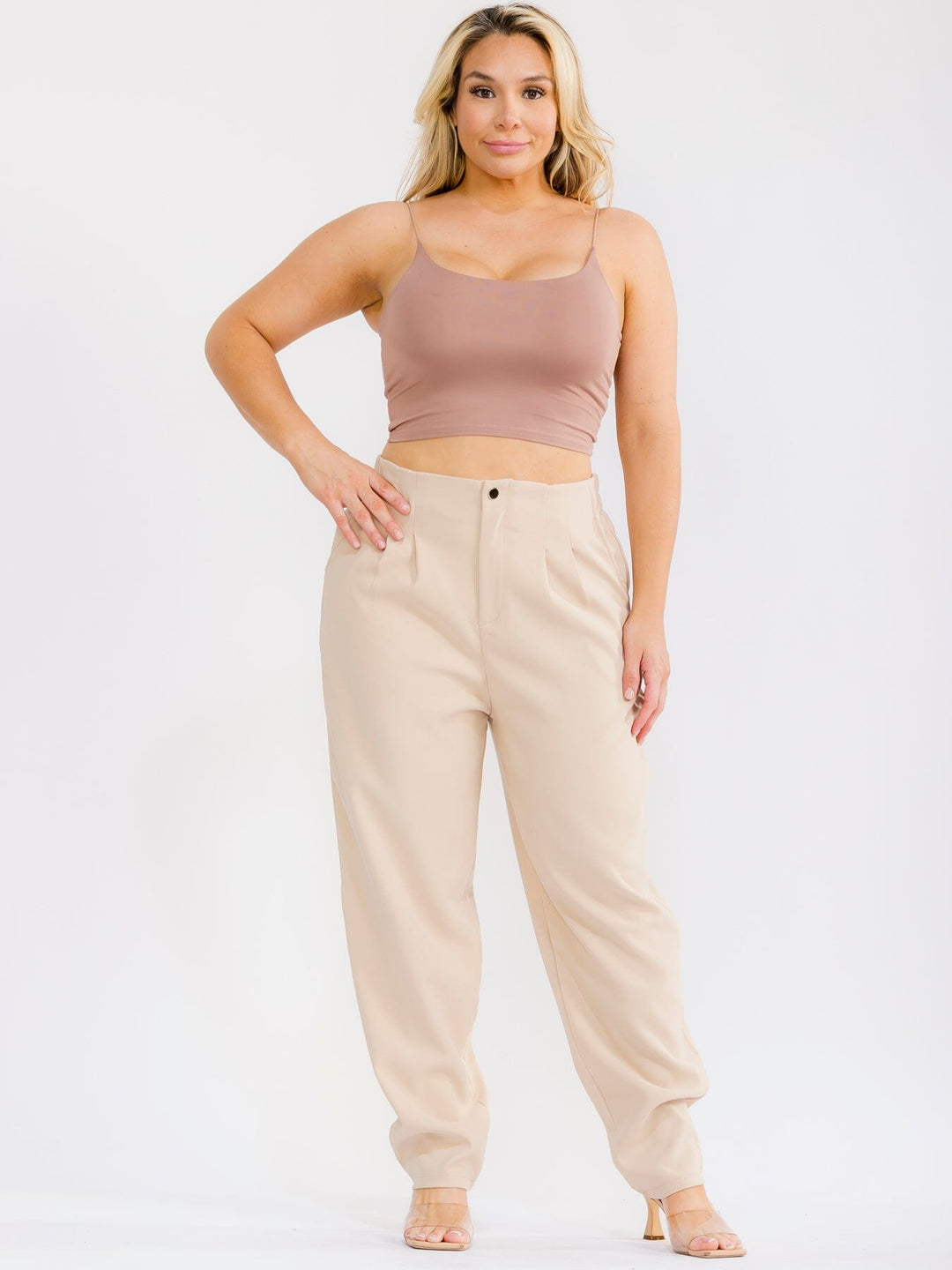 PLUS SIZE BUTTON CLOSURE ELASTIC WAISTBAND POCKETS STRAIGHT LEG SOLID PANTS