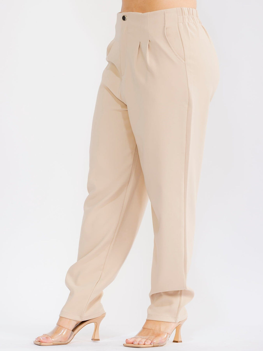 PLUS SIZE BUTTON CLOSURE ELASTIC WAISTBAND POCKETS STRAIGHT LEG SOLID PANTS