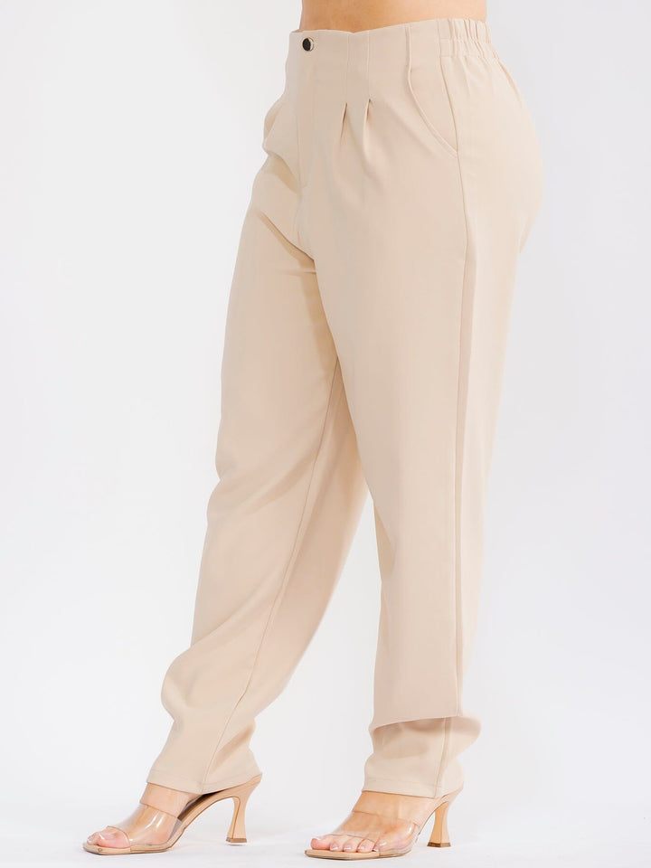 PLUS SIZE BUTTON CLOSURE ELASTIC WAISTBAND POCKETS STRAIGHT LEG SOLID PANTS
