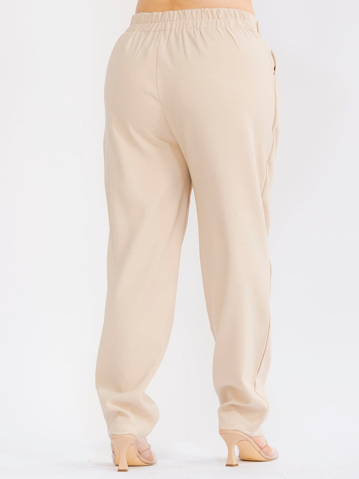 PLUS SIZE BUTTON CLOSURE ELASTIC WAISTBAND POCKETS STRAIGHT LEG SOLID PANTS