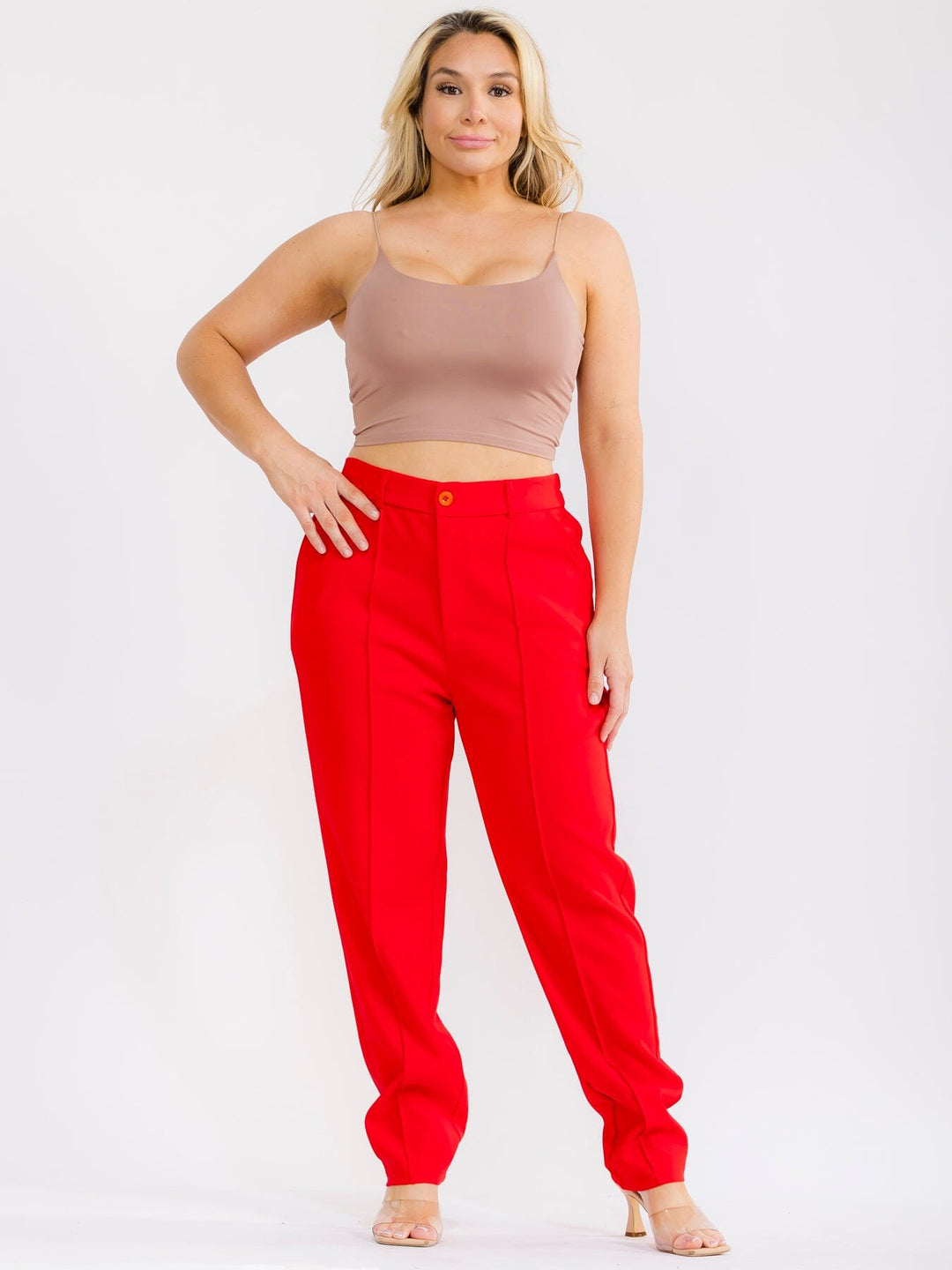 PLUS SIZE BUTTON CLOSURE POCKETS STRAIGHT LEG SOLID PANTS
