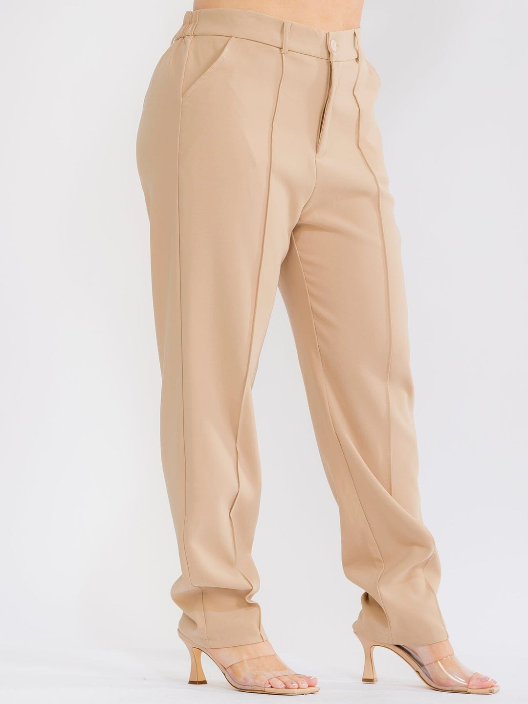 PLUS SIZE BUTTON CLOSURE POCKETS STRAIGHT LEG SOLID PANTS
