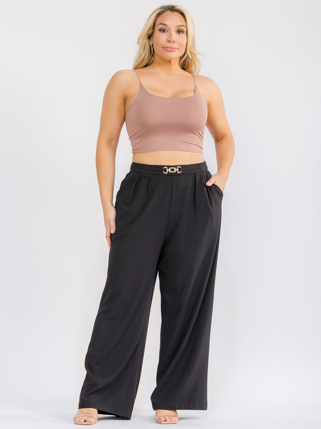 PLUS SIZE ZIPPER CLOSURE POCKETS WIDE LEG SOLID PANTS