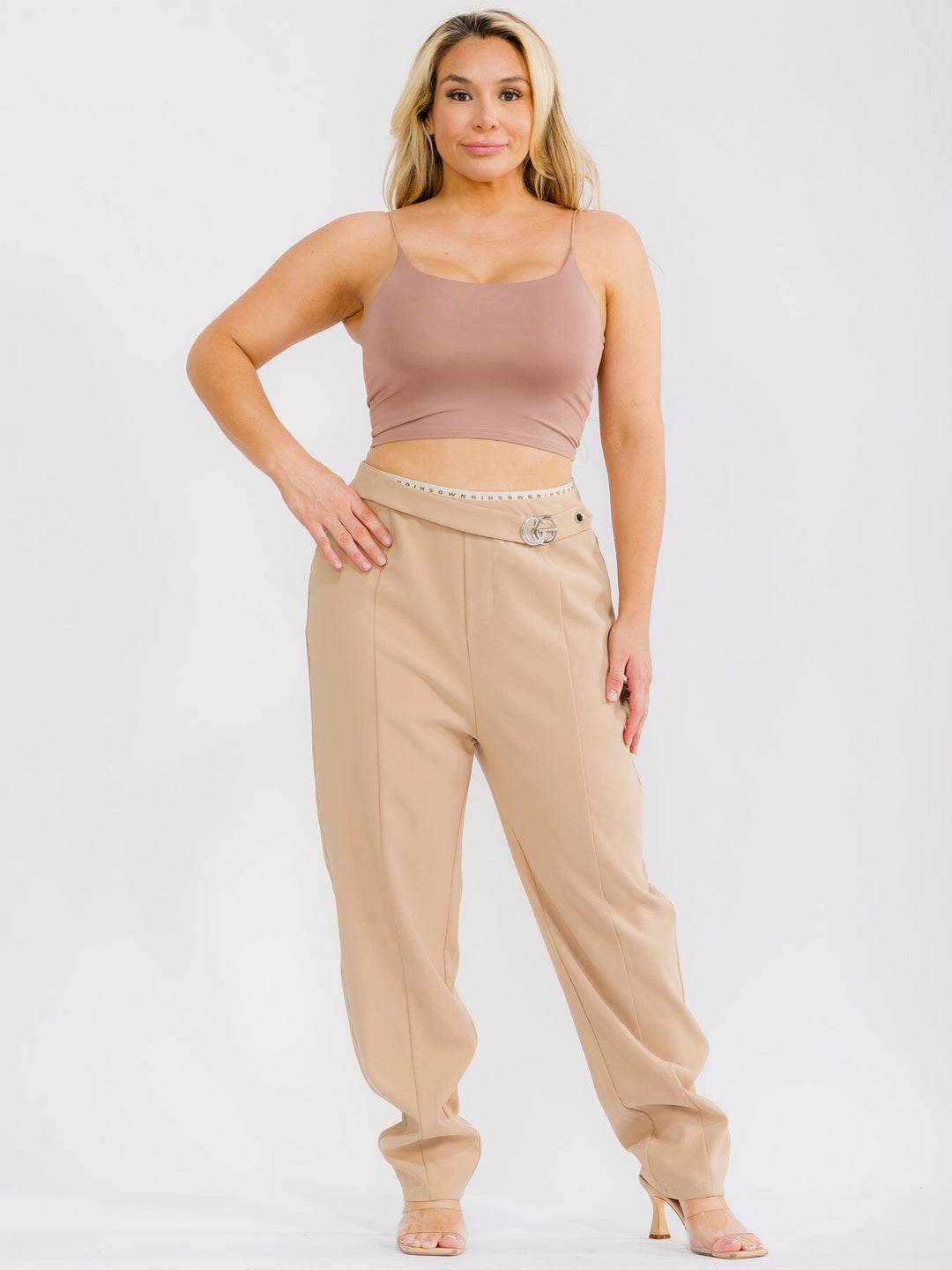 PLUS SIZE ELASTIC WAIST POCKETS STRAIGHT LEG SOLID PANTS