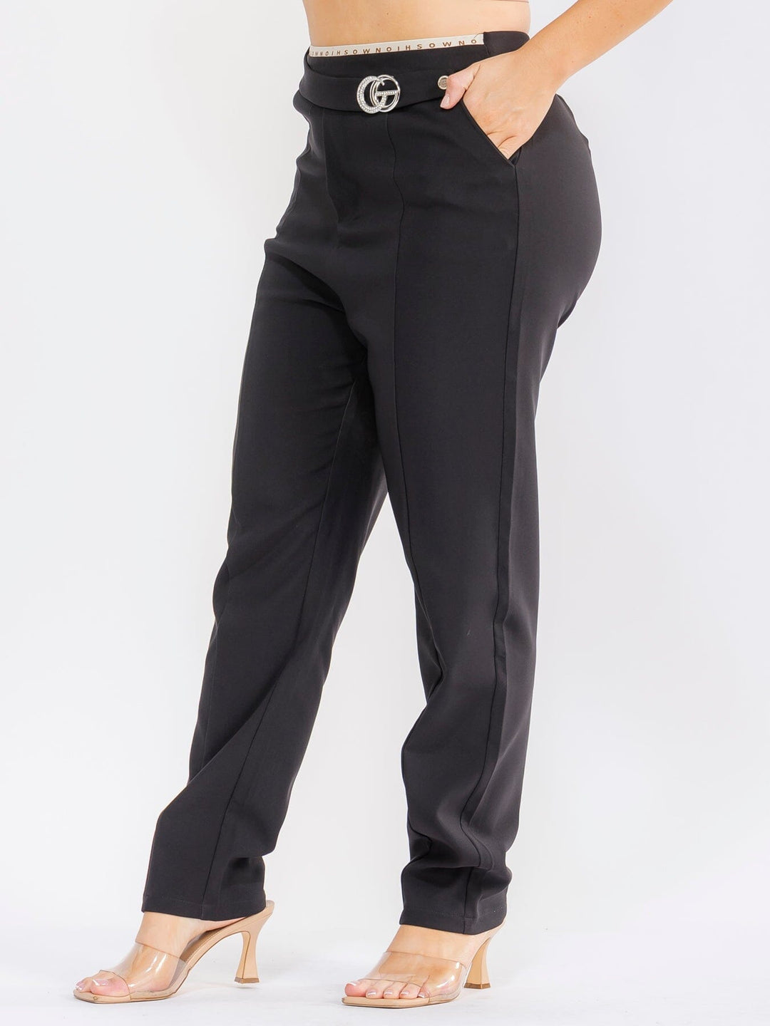 PLUS SIZE ELASTIC WAIST POCKETS STRAIGHT LEG SOLID PANTS