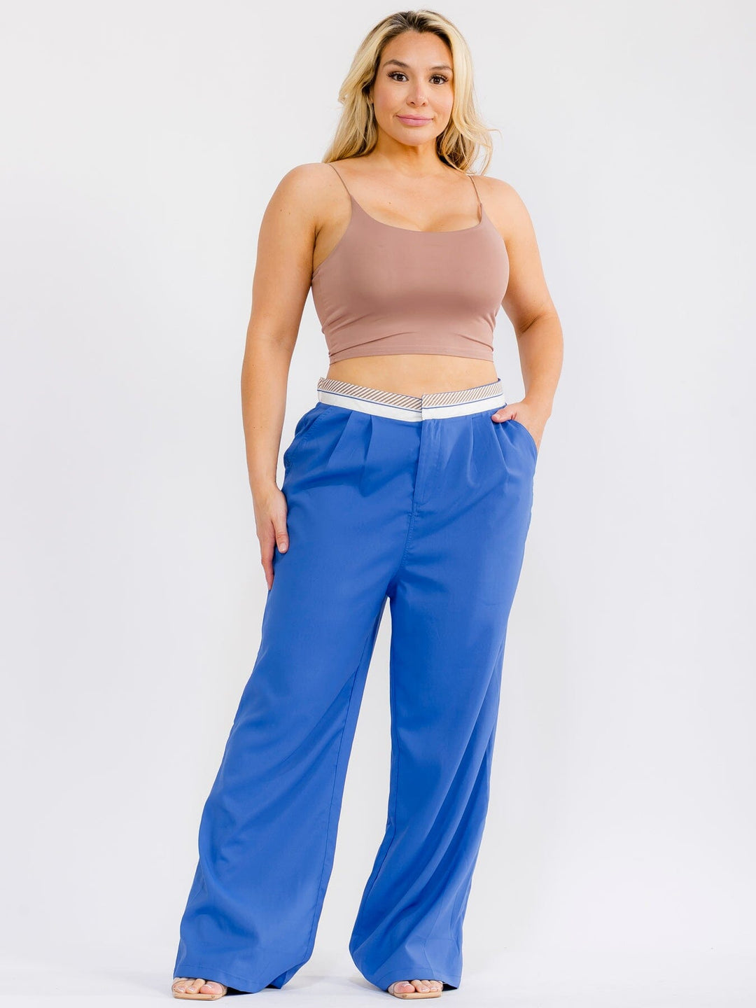PLUS SIZE BUTTON CLOSURE ELASTIC WAISTBAND POCKETS WIDE LEG SOLID PANTS
