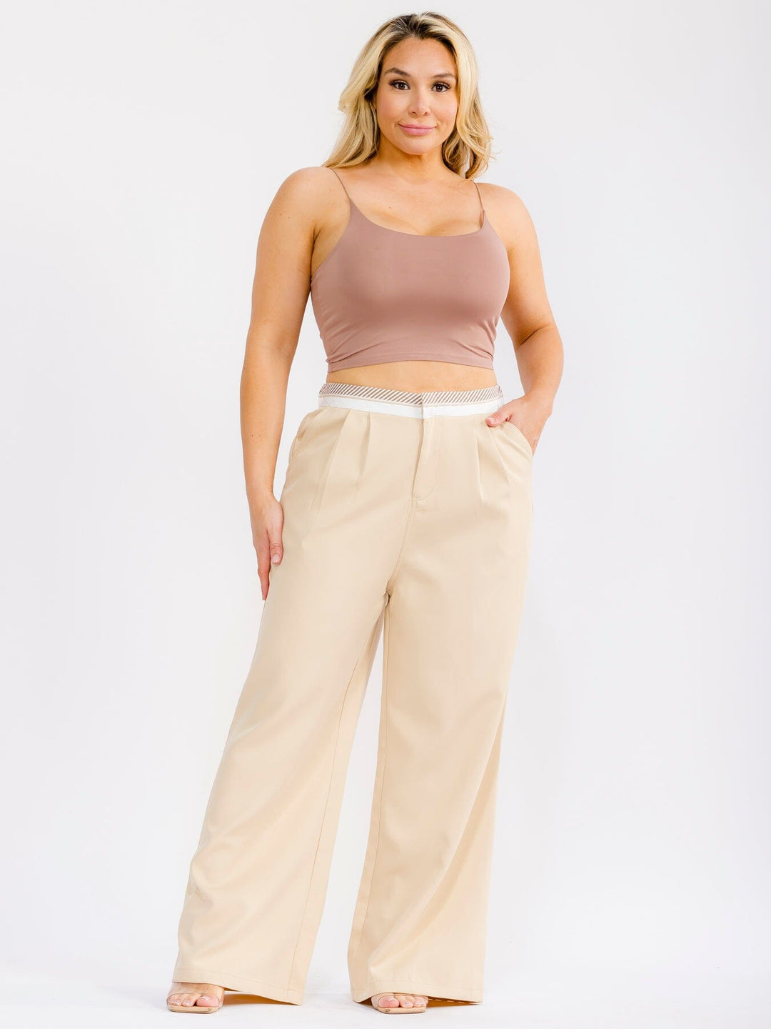PLUS SIZE BUTTON CLOSURE ELASTIC WAISTBAND POCKETS WIDE LEG SOLID PANTS