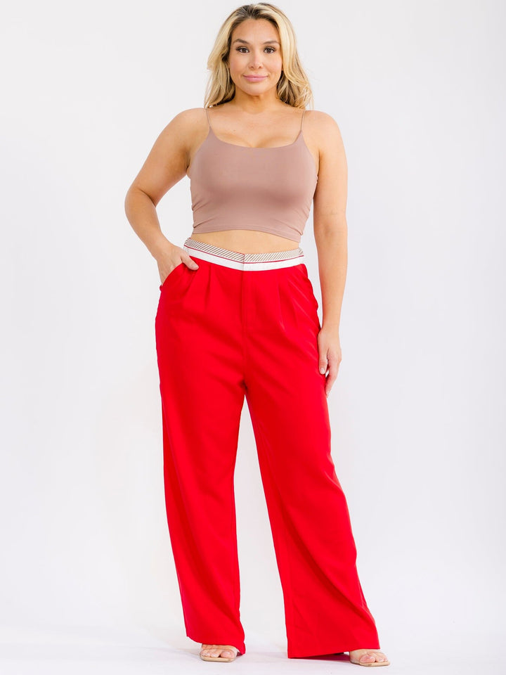 PLUS SIZE BUTTON CLOSURE ELASTIC WAISTBAND POCKETS WIDE LEG SOLID PANTS