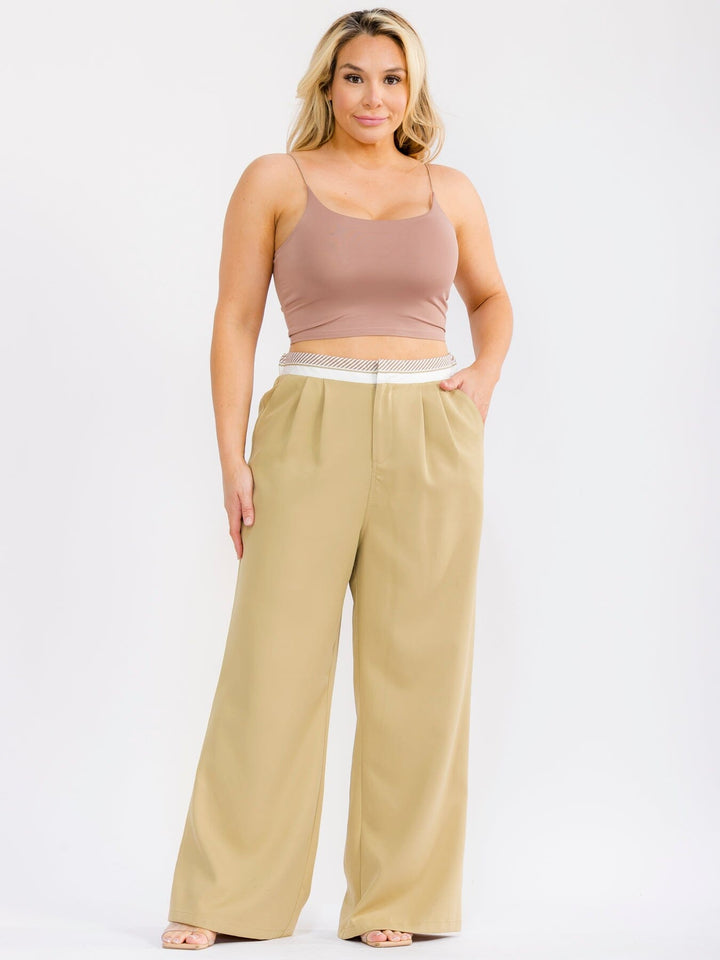 PLUS SIZE BUTTON CLOSURE ELASTIC WAISTBAND POCKETS WIDE LEG SOLID PANTS
