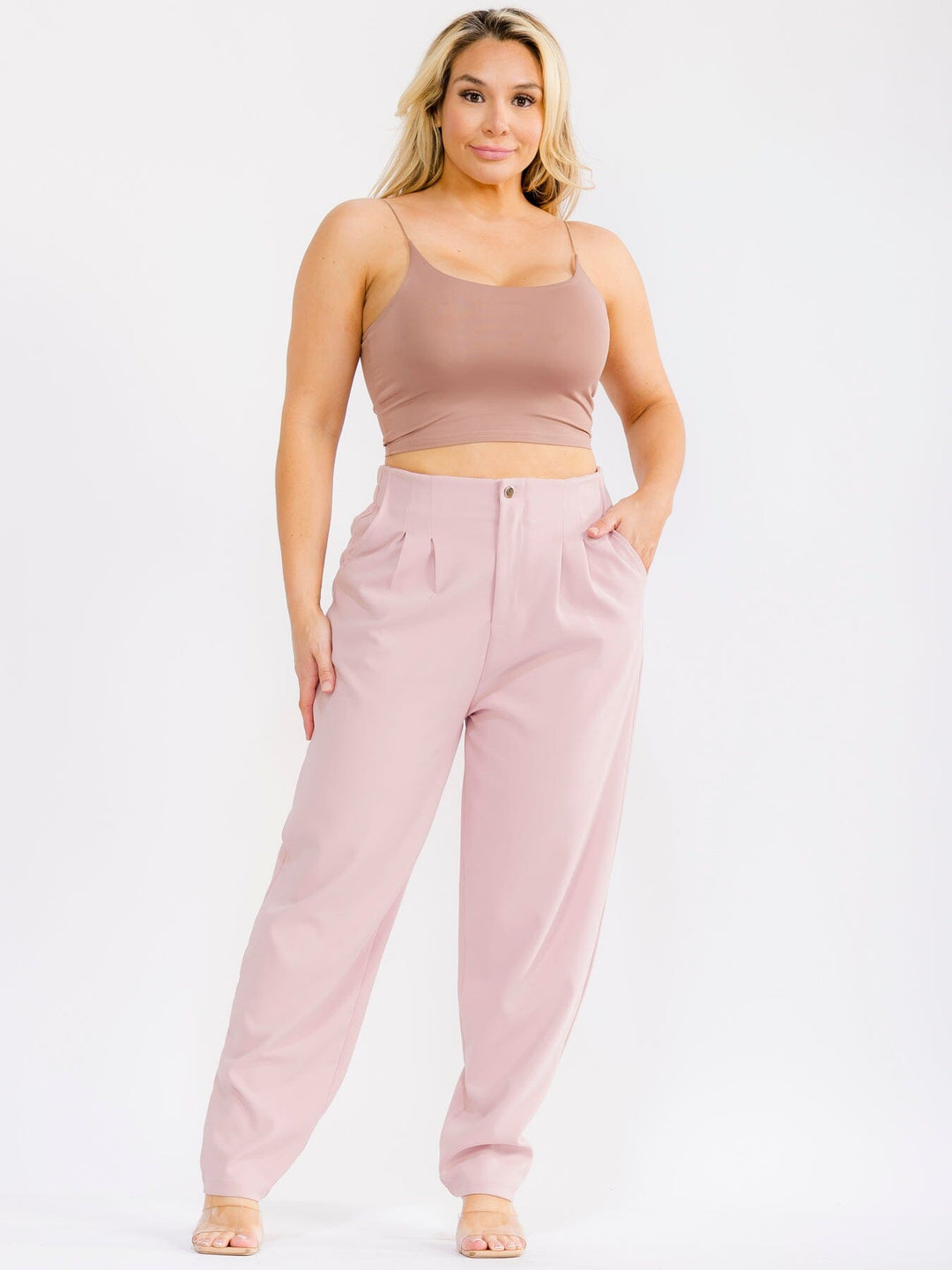 PLUS SIZE BUTTON CLOSURE ELASTIC WAISTBAND POCKETS STRAIGHT LEG SOLID PANTS