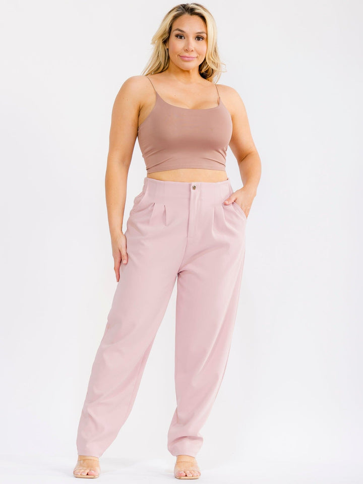 PLUS SIZE BUTTON CLOSURE ELASTIC WAISTBAND POCKETS STRAIGHT LEG SOLID PANTS