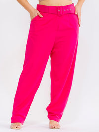 PLUS SIZE BUTTON CLOSURE POCKETS BELTED STRAIGHT LEG SOLID PANTS