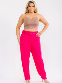 PLUS SIZE BUTTON CLOSURE POCKETS BELTED STRAIGHT LEG SOLID PANTS