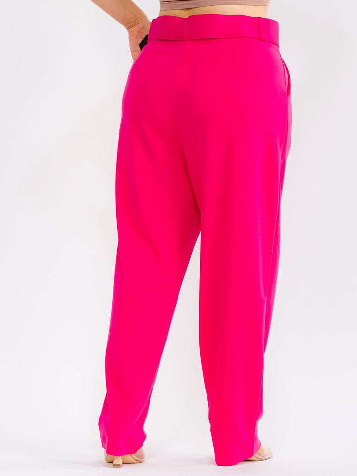 PLUS SIZE BUTTON CLOSURE POCKETS BELTED STRAIGHT LEG SOLID PANTS