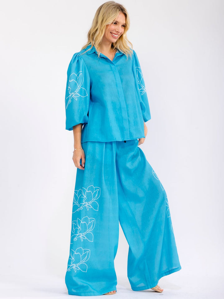 WOMEN'S 3/4 SLEEVE BUTTON UP BLOUSE & BUTTON CLOSURE WIDE LEG PANTS FLORAL PRINT 2PC. SET