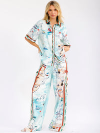 WOMEN'S SHORT SLEEVE BUTTON UP BLOUSE & ELASTIC WAIST WIDE LEG PANTS MULTI PRINT 2PC. SET