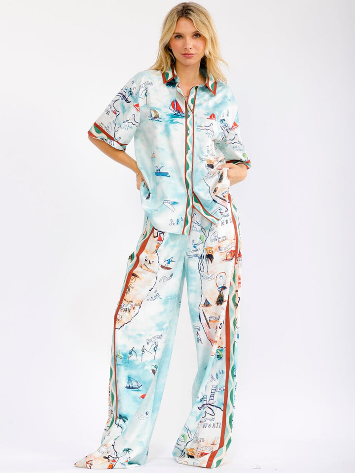 WOMEN'S SHORT SLEEVE BUTTON UP BLOUSE & ELASTIC WAIST WIDE LEG PANTS MULTI PRINT 2PC. SET