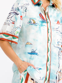 WOMEN'S SHORT SLEEVE BUTTON UP BLOUSE & ELASTIC WAIST WIDE LEG PANTS MULTI PRINT 2PC. SET