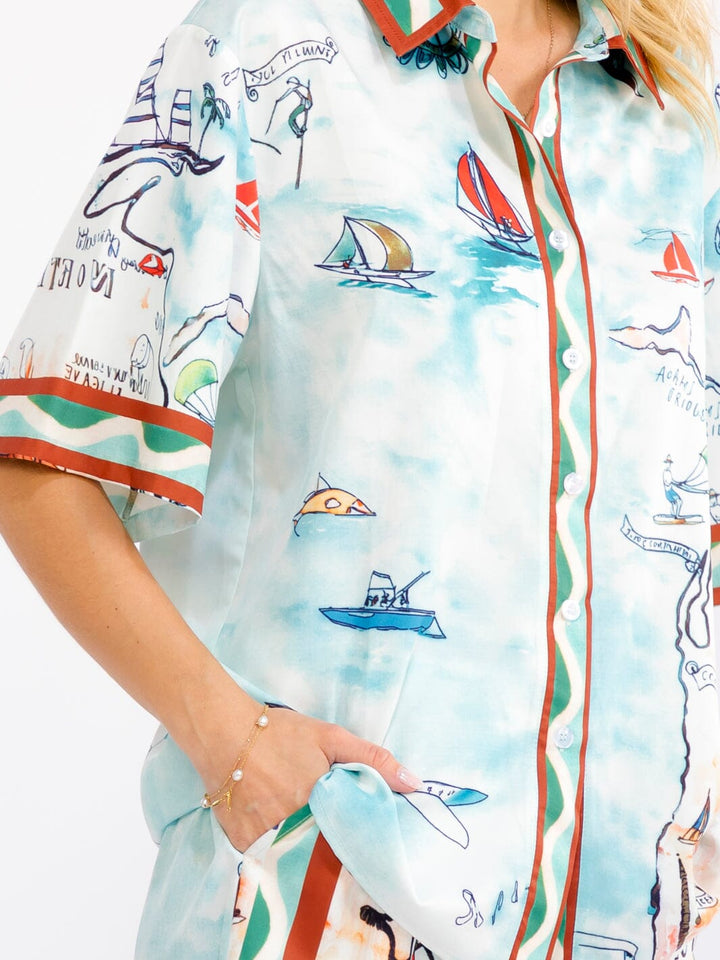 WOMEN'S SHORT SLEEVE BUTTON UP BLOUSE & ELASTIC WAIST WIDE LEG PANTS MULTI PRINT 2PC. SET