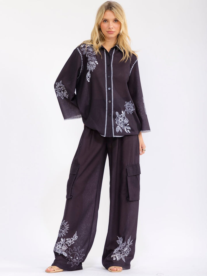 WOMEN'S LONG SLEEVE BUTTON UP TOP & ELASTIC WAIST WIDE LEG PANTS MULTI PRINT 2PC. SET
