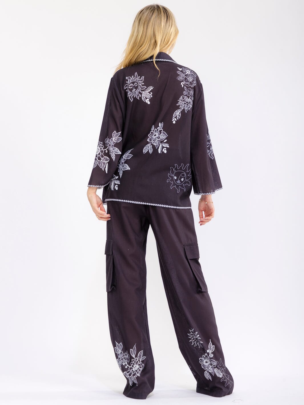 WOMEN'S LONG SLEEVE BUTTON UP TOP & ELASTIC WAIST WIDE LEG PANTS MULTI PRINT 2PC. SET
