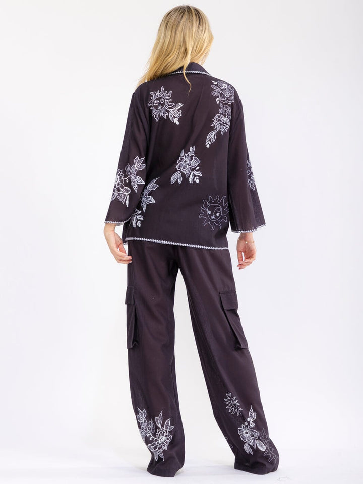 WOMEN'S LONG SLEEVE BUTTON UP TOP & ELASTIC WAIST WIDE LEG PANTS MULTI PRINT 2PC. SET