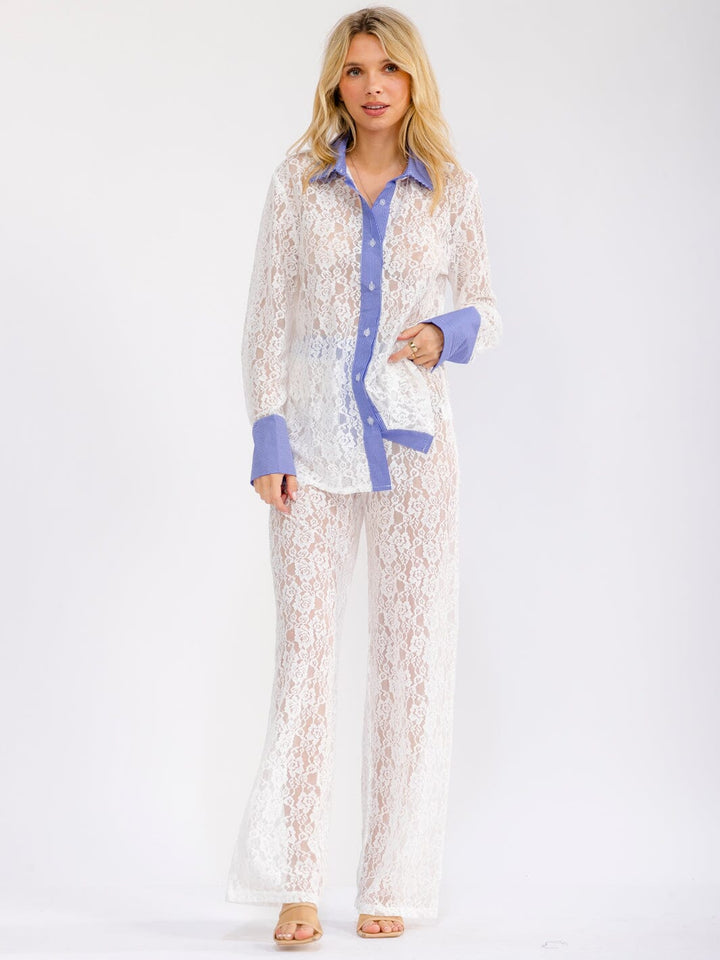 WOMEN'S LONG SLEEVE BLOUSE & ELASTIC WAIST WIDE LEG PANTS LACE 2PC. SET