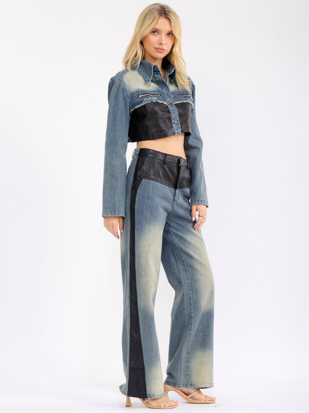 WOMEN'S LONG SLEEVE BUTTON UP CROP JACKET & BUTTON CLOSURE WIDE LEG PANTS DENIM PU CONTRAST 2PC. SET
