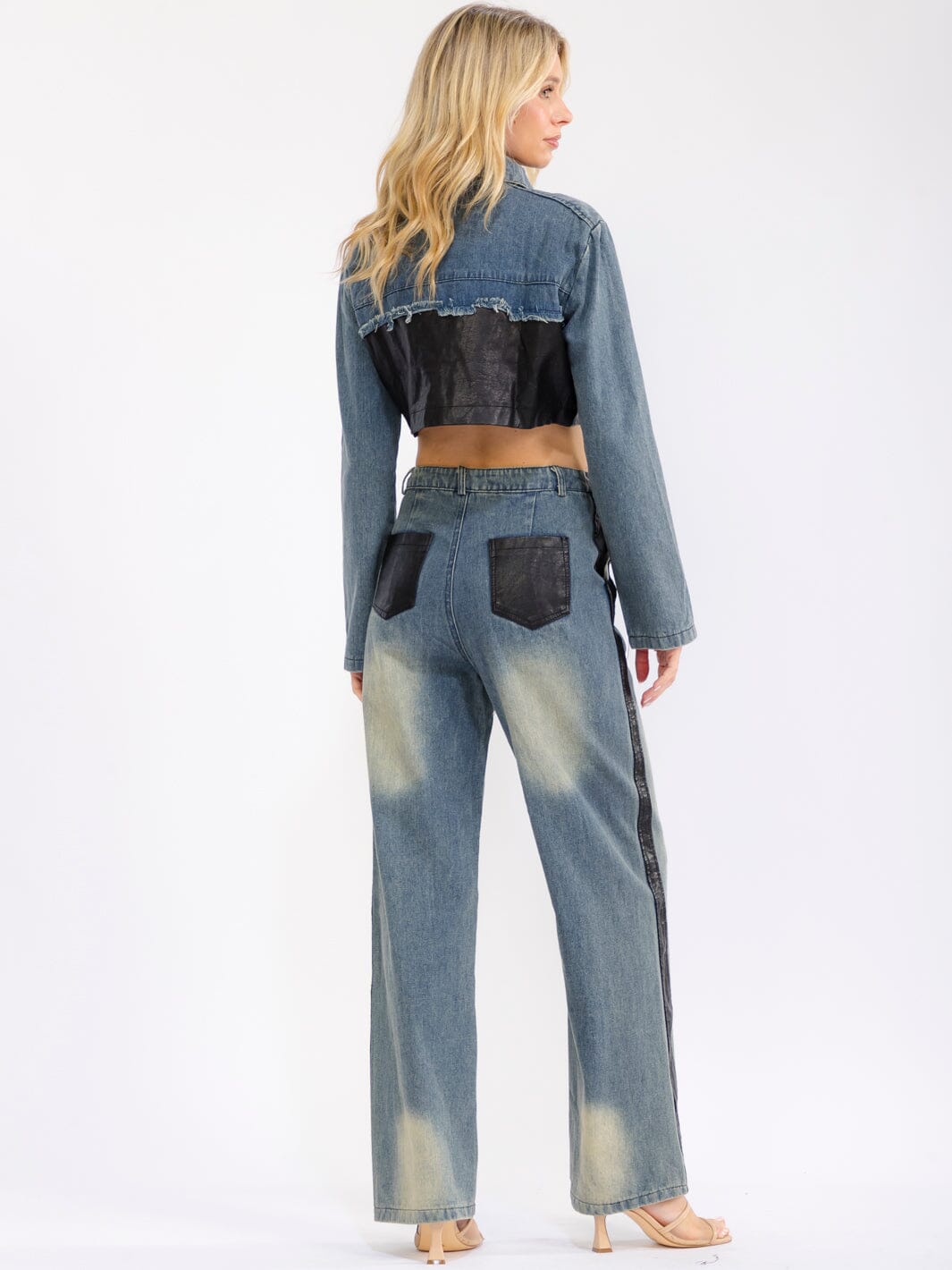WOMEN'S LONG SLEEVE BUTTON UP CROP JACKET & BUTTON CLOSURE WIDE LEG PANTS DENIM PU CONTRAST 2PC. SET