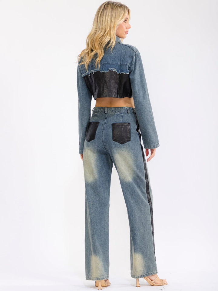 WOMEN'S LONG SLEEVE BUTTON UP CROP JACKET & BUTTON CLOSURE WIDE LEG PANTS DENIM PU CONTRAST 2PC. SET