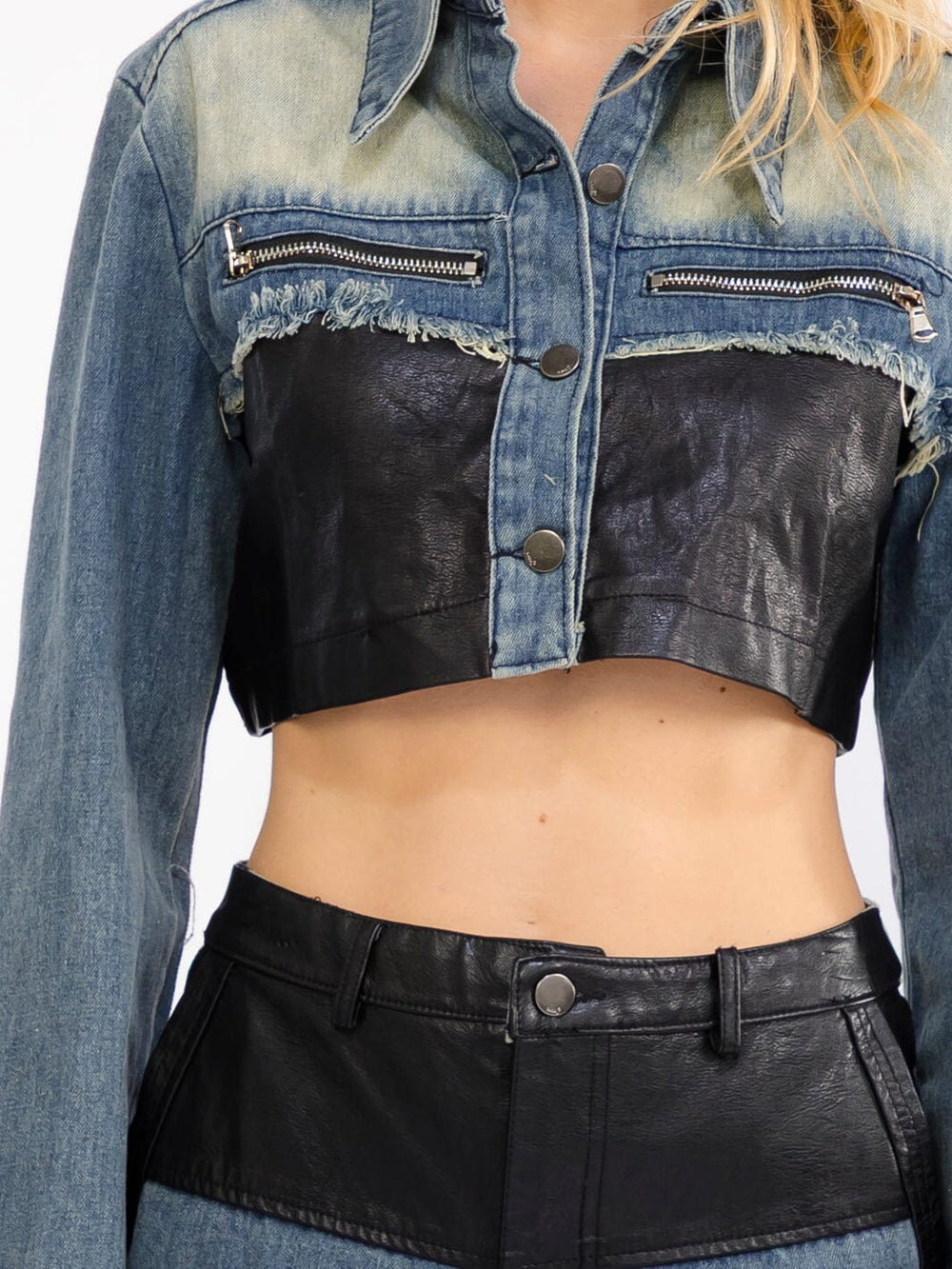 WOMEN'S LONG SLEEVE BUTTON UP CROP JACKET & BUTTON CLOSURE WIDE LEG PANTS DENIM PU CONTRAST 2PC. SET