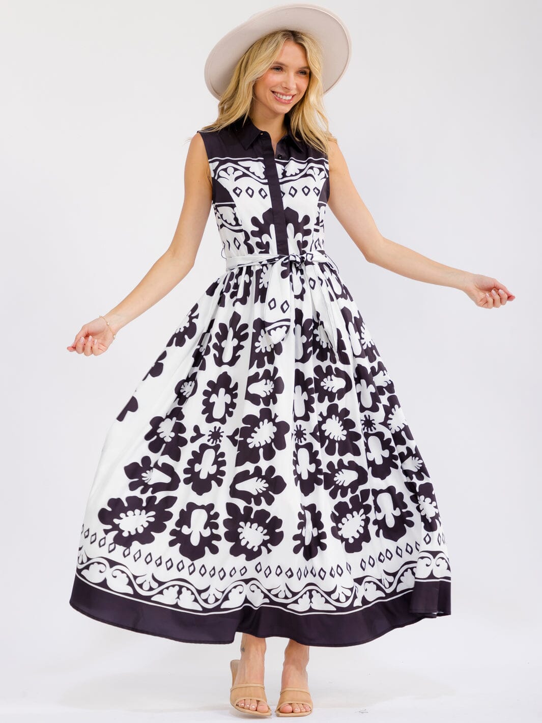 WOMEN'S SLEEVELESS BUTTON UP ELASTIC WAIST SELF TIE MULTI PRINT MAXI DRESS