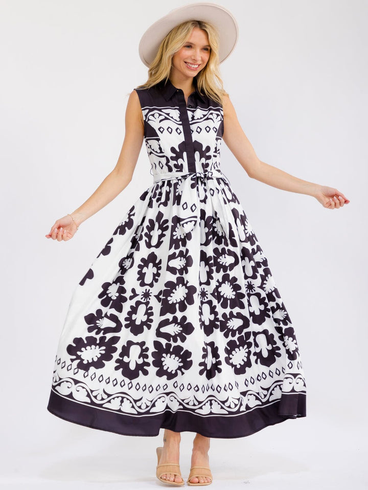 WOMEN'S SLEEVELESS BUTTON UP ELASTIC WAIST SELF TIE MULTI PRINT MAXI DRESS