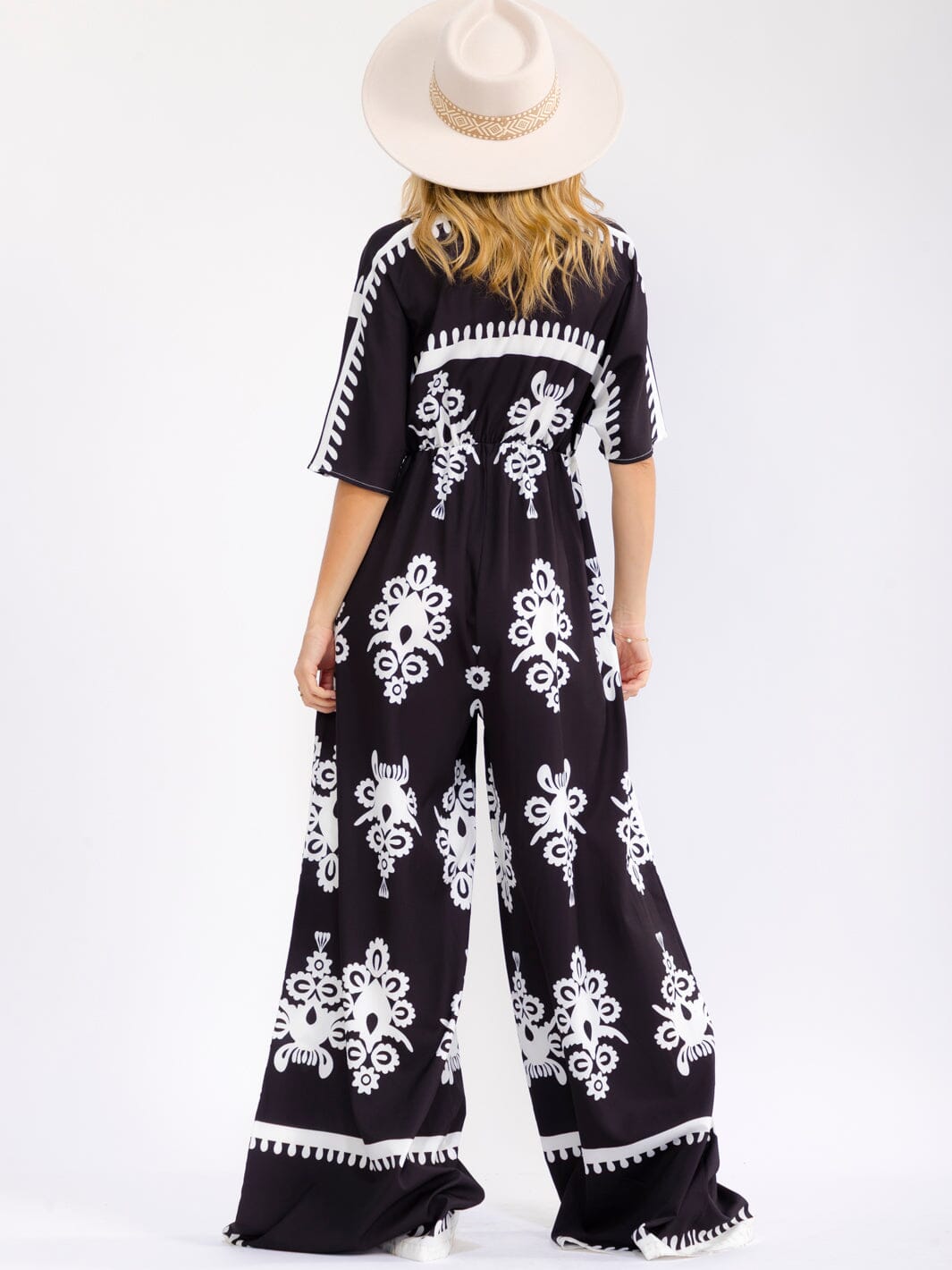 WOMEN'S SHORT SLEEVE SURPLICE ELASTIC WAIST WIDE LEG MULTI PRINT JUMPSUIT
