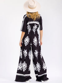 WOMEN'S SHORT SLEEVE SURPLICE ELASTIC WAIST WIDE LEG MULTI PRINT JUMPSUIT