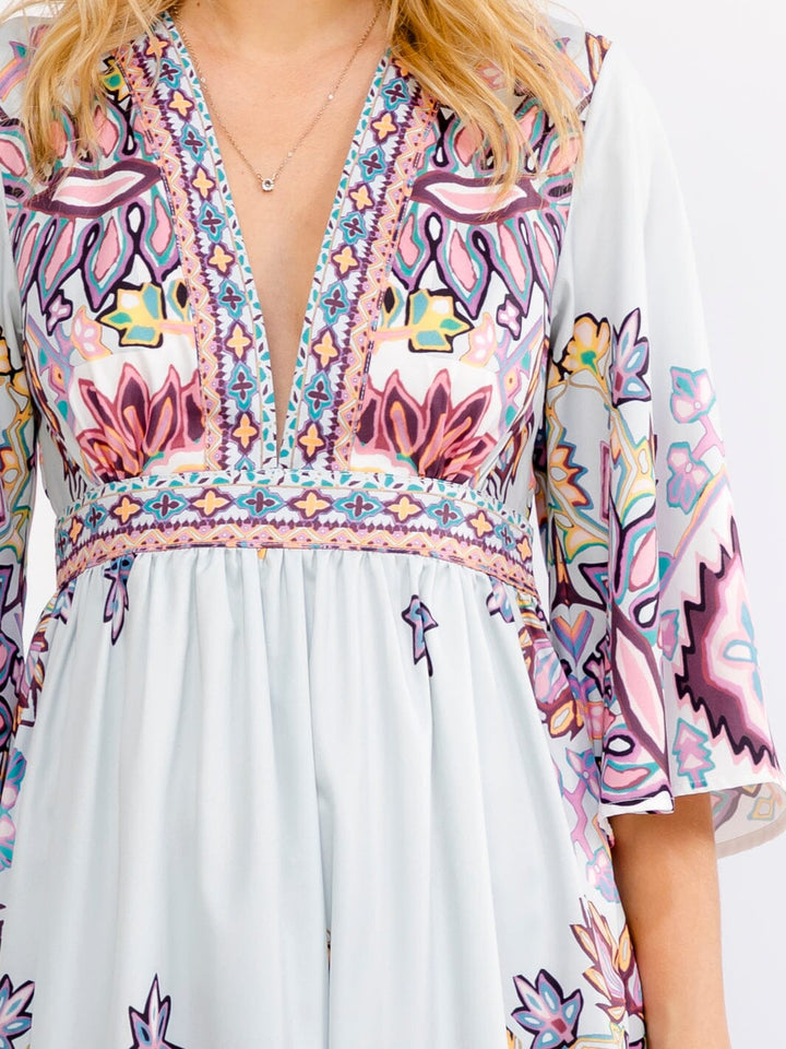 WOMEN'S SHORT SLEEVE V-NECK MULTI PRINT MAXI DRESS