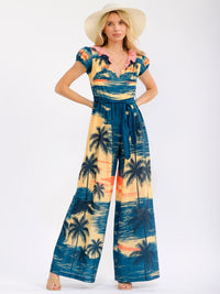 WOMEN'S SHORT SLEEVE V-NECK SELF TIE ELASTIC WAIST WIDE LEG MULTI PRINT JUMPSUIT