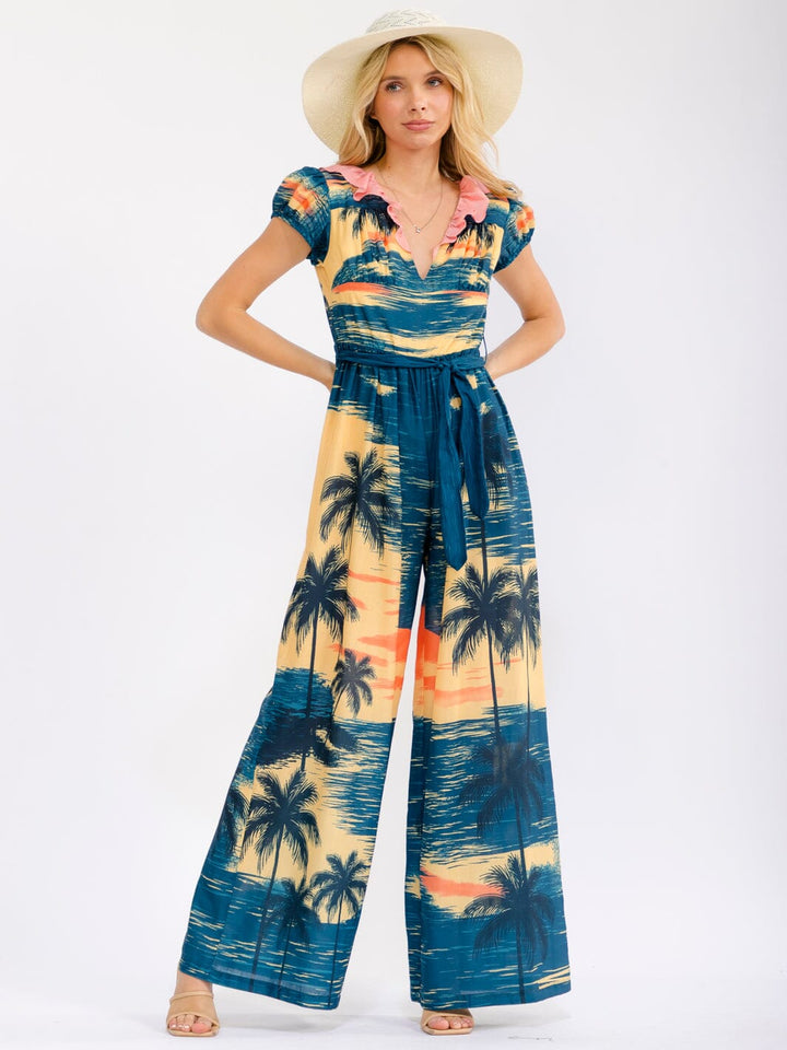 WOMEN'S SHORT SLEEVE V-NECK SELF TIE ELASTIC WAIST WIDE LEG MULTI PRINT JUMPSUIT